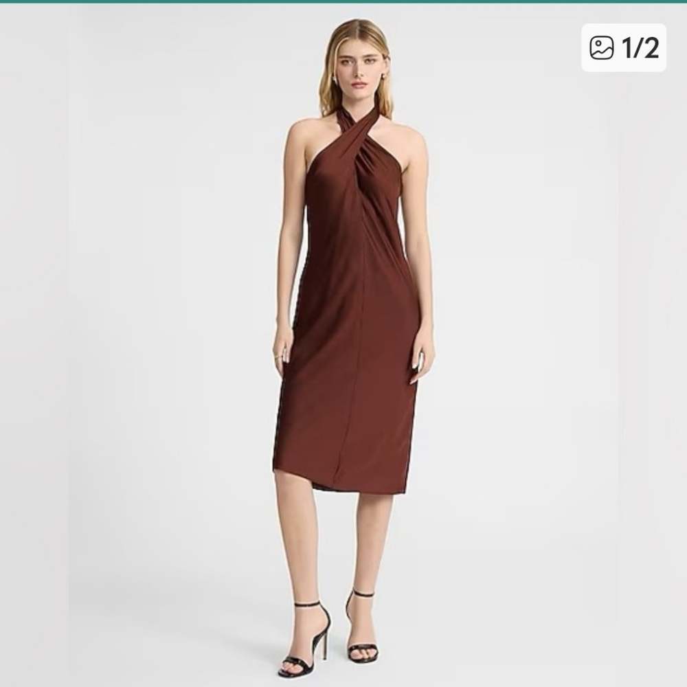 Express Satin Halter Neck Brown Midi Dress SZ M